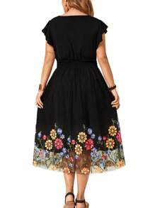 Cravure 大碼女士花卉刺繡網眼短袖連衣裙,拼接設計 - 黑色 - 查看 2