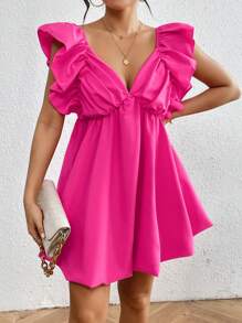Breezaya Solid Color Back-Tied Ruffle Decor Edged Dress Vacation Beach Outfits Women