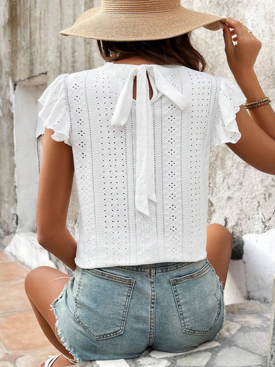 SHEIN Frenchy 女士蝴蝶袖後背綁帶t恤 - 白色 - 查看 1