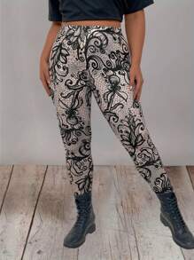 EMERY ROSE Plus Size Women's Floral Printed Leggings - Black - View 4