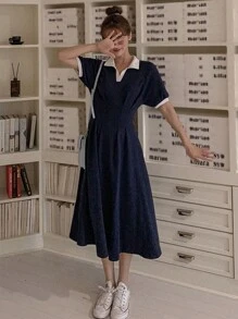 DAZY Patchwork Collar Drawstring Waist A-Line Dress Sundress - Blue - View 3