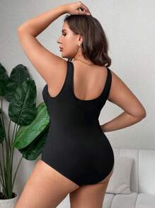 SHEIN CURVE+ Summer Beach Plus Size Solid Color Pleated Slim Fit One-Piece Swimsuit - Black - View 3