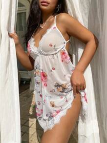 Flower Print Lace Trim Sexy Babydoll Lingerie Dress