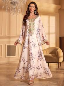Floral Applique Chiffon Abaya Dress
