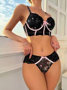 Contrast Binding Lace Insert Underwire Bra & Panty Underwear, 2pcs/Set Sexy Lingerie Set