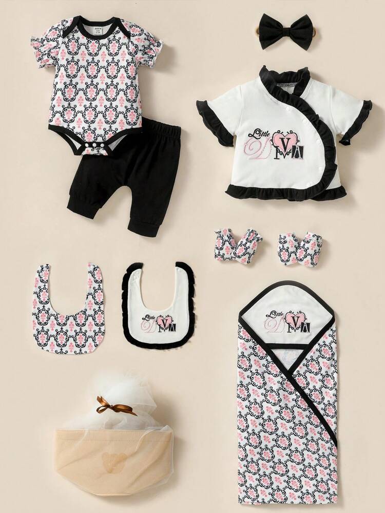 Newborn Baby Girl Month Gift Box Set, Including Cute And Casual Leaf Ruffle Printed Short-Sleeved Romper And Long Pants In A Variety Of Outfits, Comfortable For Daily Wear In Spring And Summer