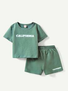 4pcs/Set Baby Boys' Casual Letter Print Round Neck Short Sleeve T-Shirt And Shorts Outfits Matching Set