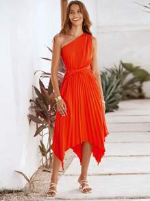 Chiquease Women's Solid Color Waist Twist Asymmetric Hem Dress - Orange - View 6