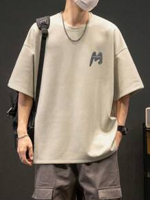 男士标语图案落肩T恤，秋季 - 杏色 - 查看 5