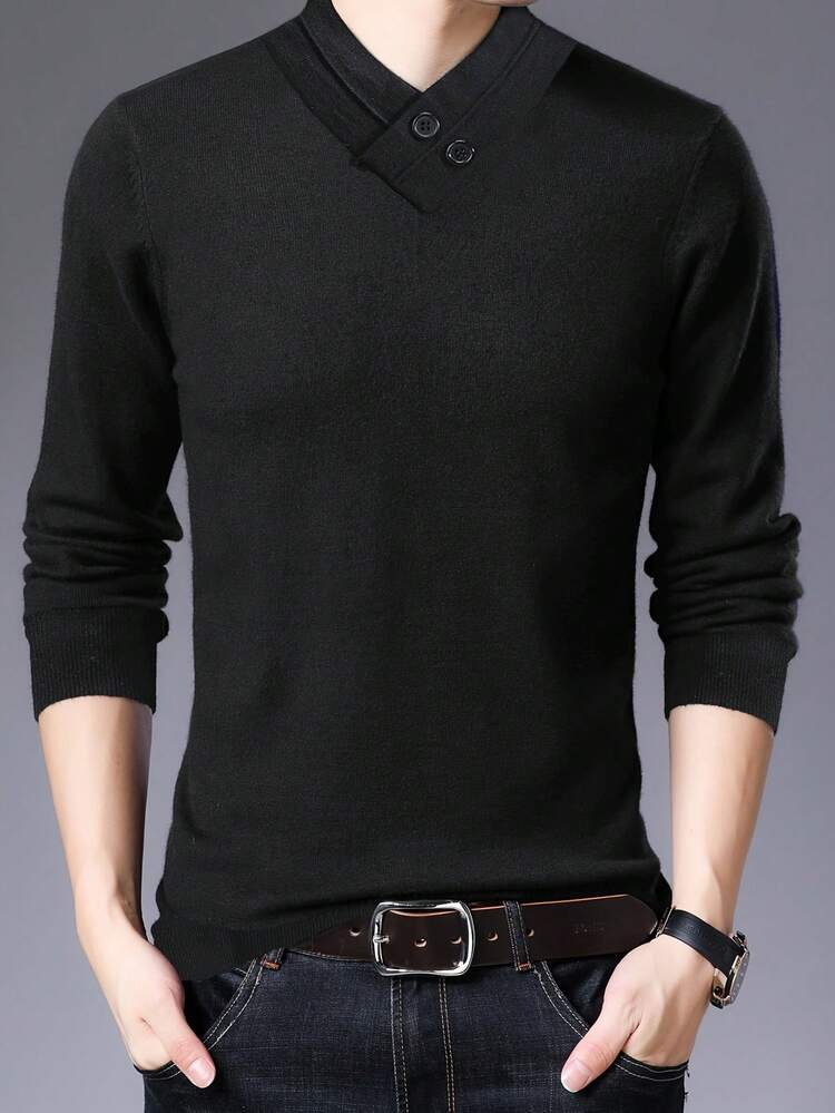 Men's Solid Color Button Decorated Casual Sweater