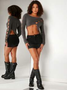 Denimoi Cut Out Button Round Neck Crop Ribbed Sexy Sweater - Dark Grey - View 4