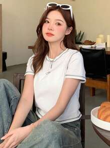 DAZY 女士短袖圓領t恤,腰部剪裁設計 - 白色 - 查看 7