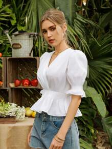 SHEIN Frenchy Women's Solid Color Short Sleeve Cinching Waist Shirt