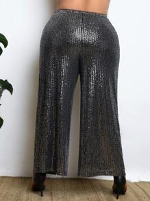 SHEIN CURVE+ 大尺碼寬鬆闊腿閃光褲 - 銀色 - 查看 2