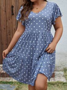 SHEIN LUNE Kích thước lớn Của phụ nữ Đan Chấm bi Đầm Với Nhiều lớp Xù Hoa Sen - Màu xanh lam - Xem 1