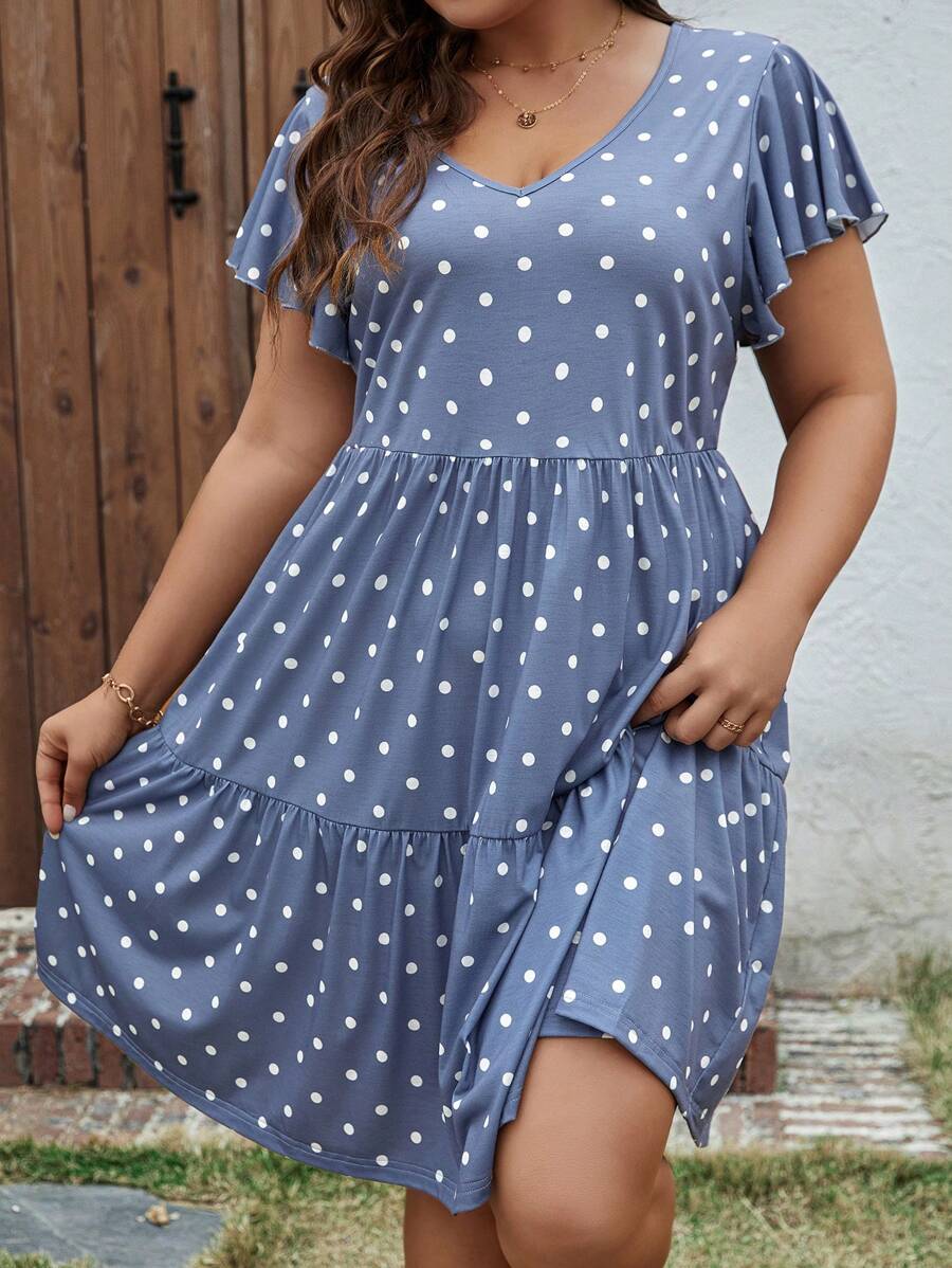 SHEIN LUNE Kích thước lớn Của phụ nữ Đan Chấm bi Đầm Với Nhiều lớp Xù Hoa Sen - Màu xanh lam - Xem 1