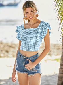 Breezaya Plaid Print Square Collar Shirt With Ruffle Trim - Blue - View 4