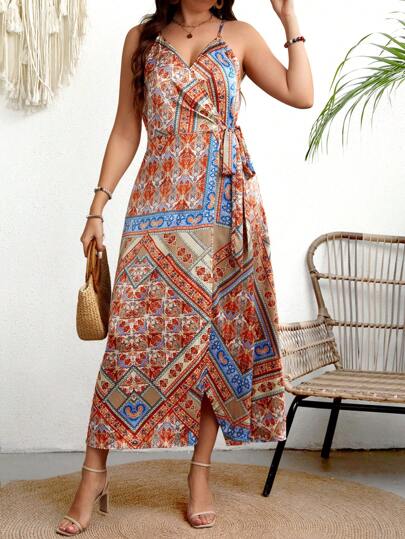 SHEIN Clasi Women's Plus Size Wrap Up Printed Dress With Spaghetti Straps