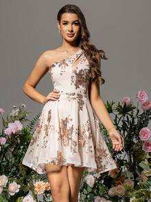 LOVE&LEMONADE Women's Sequin Patchwork One Shoulder Mini Cocktail Party Dress - Gold - View 5