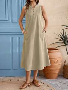 EMERY ROSE Summer Casual Khaki Texture Sleeveless Dress For Vacation In Countryside - Khaki - View 6