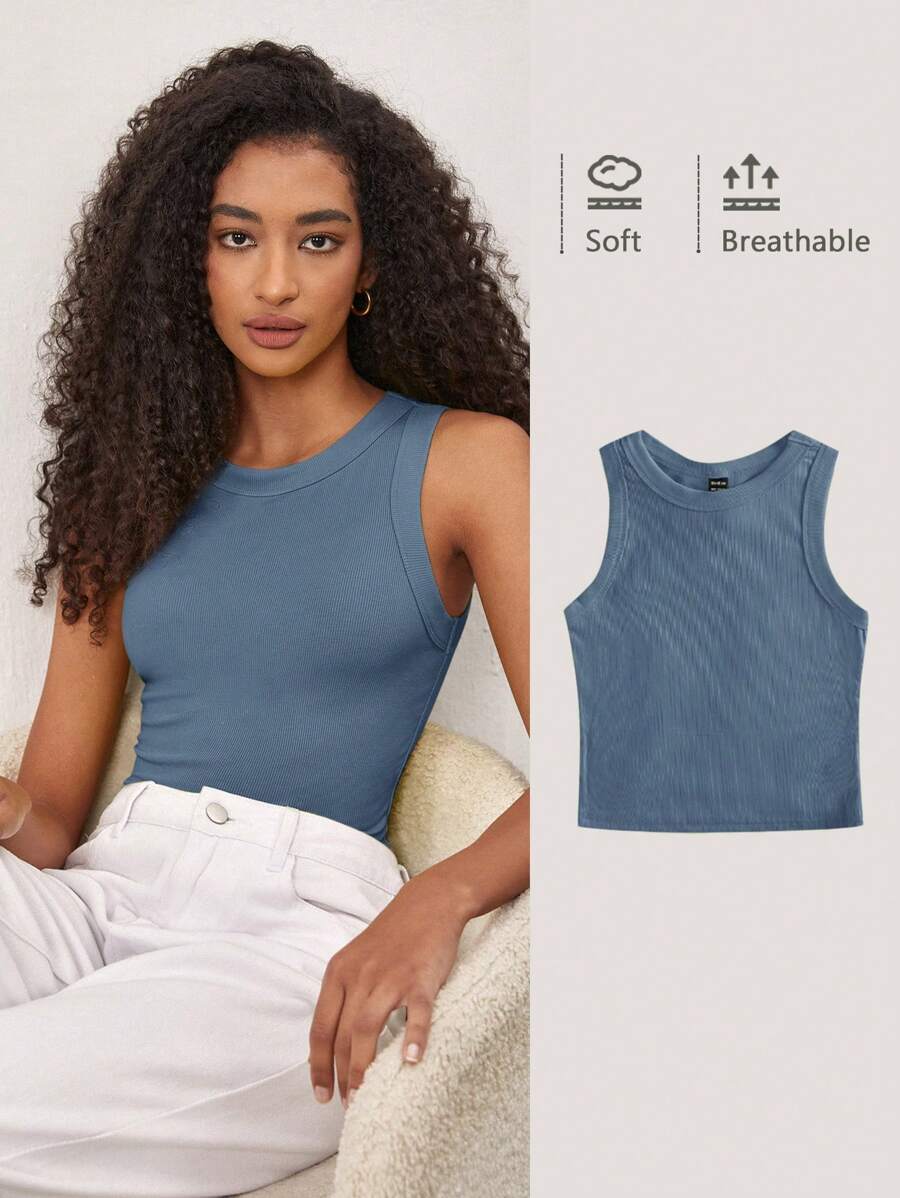 SHEIN BASICS Của phụ nữ Màu thuần Vòng cổ Sọc Áo ba lỗ - Màu xanh nhạt - Xem 1