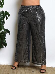 SHEIN CURVE+ 大尺碼寬鬆闊腿閃光褲 - 銀色 - 查看 5