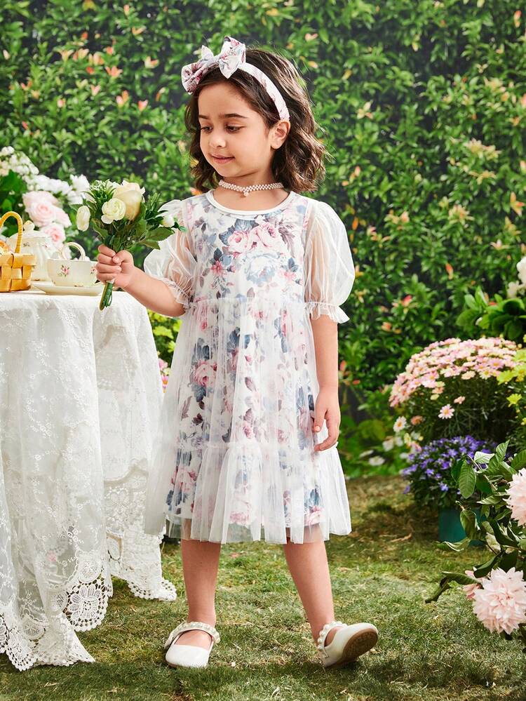 Young Girl Round Neck Mesh Puff Sleeve Dress With Floral Print Round Neck Sleeveless Dress Inside Plus Floral Print Hairband 3pcs Set