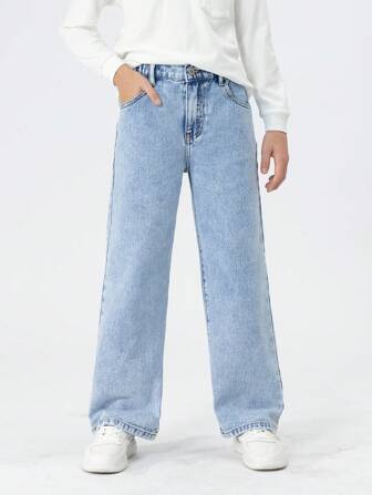 SHEIN Tween Boy New Casual & Fashionable Light Blue Washed Straight Jeans Chic Outfits For Autumn/Winter