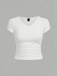 SHEIN EZwear 女士多色針織v領短袖修身t恤 - 彩色 - 查看 8