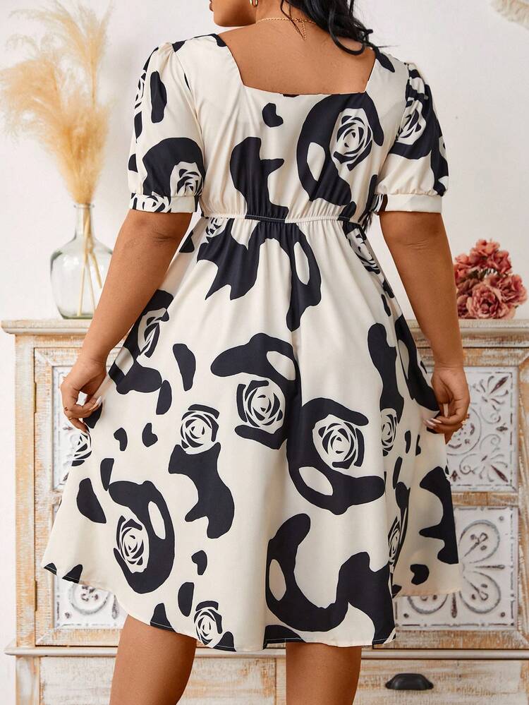 Plus Size Women's Floral Printed Puff Sleeve Dress With Sweetheart Neckline