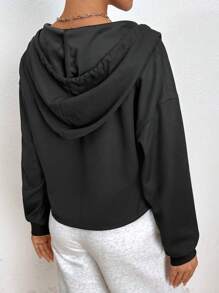 SHEIN Essnce Button-Front Drawstring Hooded Oversized Sweatshirt - Black - View 2