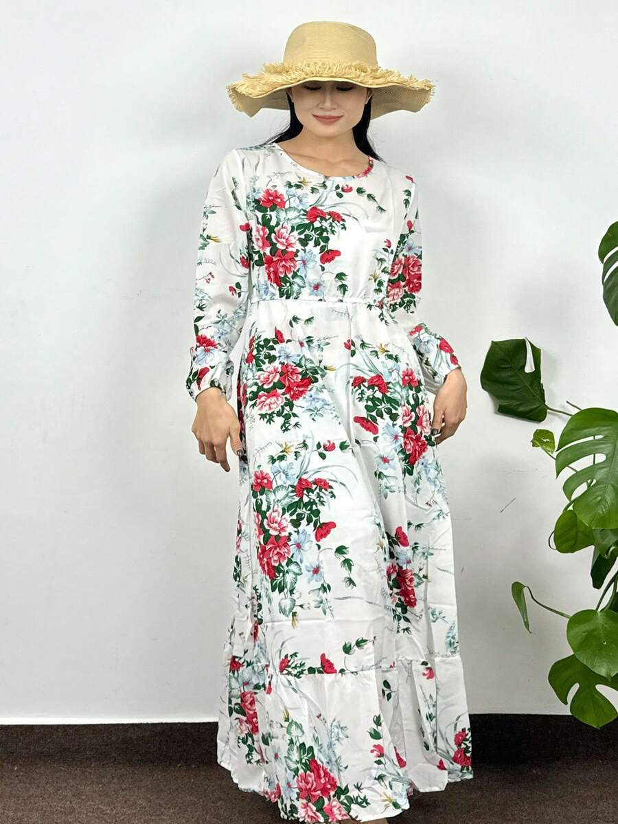 Fashion Female Printed Floral Full Sleeve Crew Neck Casual Chiffon Dress Women Long Dresses