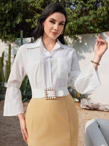 Modelyn Của phụ nữ Màu thuần Tay áo loe Áo sơ mi - trắng - Xem 4