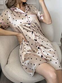 女士波点印花睡衣裙，带心形图案口袋，采用仿丝面料制成 Luxeloungewear