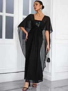 SHEIN Belle Của phụ nữ Lưng Chữ V Cape Thanh lịch Trang phục dạ hội Đầm - màu đen - Xem 4