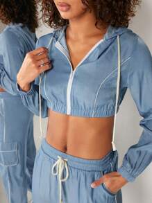 SHEIN Unity 撞色短款连帽衫和工装裤两件套 - 藍色 - 查看 5