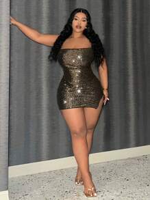 Slaydiva Slayr 大码女式优雅性感修身亮片中长吊带裙，带侧开衩，适合音乐节、派对、庆典 - 金色 - 查看 3