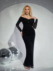 D&M 女士性感褶皱露肩修身长袖派对连衣裙，黑色优雅正式晚宴舞会婚礼宾客礼服，适合毕业典礼、晚宴等春季场合 - 黑色 - 查看 6