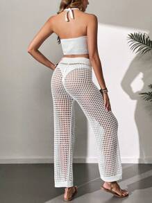 Breezaya Women's Crop Top Backless Halter Knitted Sweater And See-Through Knitted Pants Set
