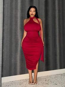 Slaydiva Vestido midi elegante rojo con cuello de halter, ajustado, fluido, con recortes, drapeado y abertura lateral para mujer, adecuado para el Día de San Valentín, fiestas y citas - Rojo - Ver 2