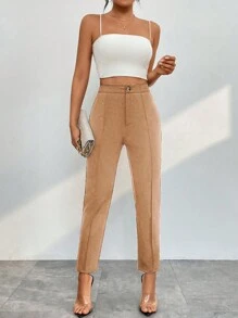 SHEIN PETITE Women's Solid Color Cropped Pants - Khaki - View 4