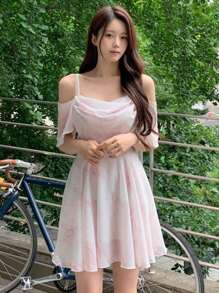 DAZY 女式褶皱设计细肩带连衣裙太阳裙，休闲女式连衣裙 - 粉色 - 查看 1