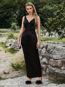 Double Crazy Solid Color V-Neck Gathered Waist Casual Dress - Black - View 6