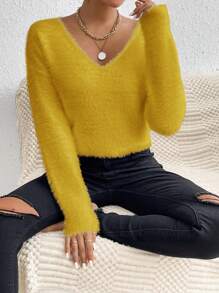 SHEIN Essnce Áo len nữ cổ chữ V màu trơn, áo len chui đầu mùa thu đông. - Màu vàng - Xem 4