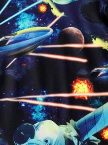 SHEIN 年輕男孩街頭復古風格的太空人印花短袖t恤配牛仔短褲套裝,適用於夏季 - 彩色 - 查看 3