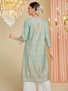 Divindia Women's Floral Print Side Slit Longline Top Style Indian - Multicolor - View 2