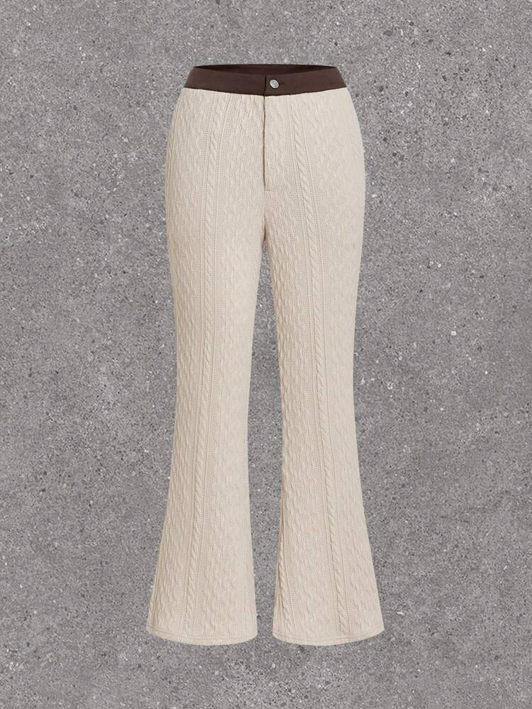 Two Tone High Waist Apricot Knitted Flare Pants With Twisted Texture For Women