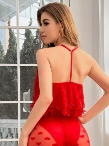 Slumberist طقم بيجامة من توب كامي بشبكة بشكل قلب وبنطلون - الأحمر - مشاهدة 2