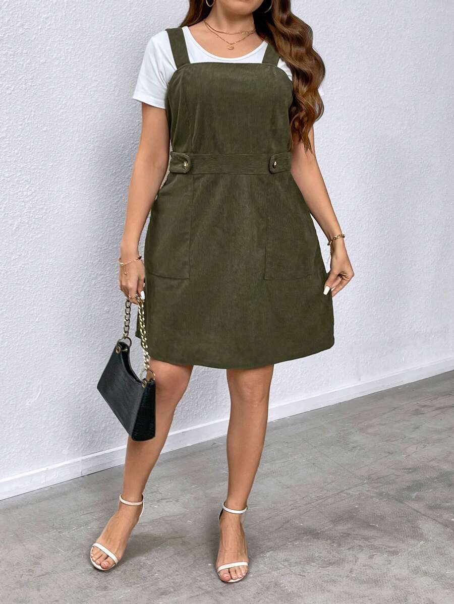 SHEIN LUNE 大尺碼無袖交叉背心口袋連衣裙 - 墨綠色 - 查看 1