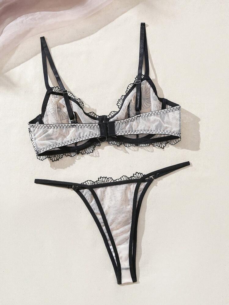 Women's Floral Pattern Mesh Bra & Thong Lingerie Set